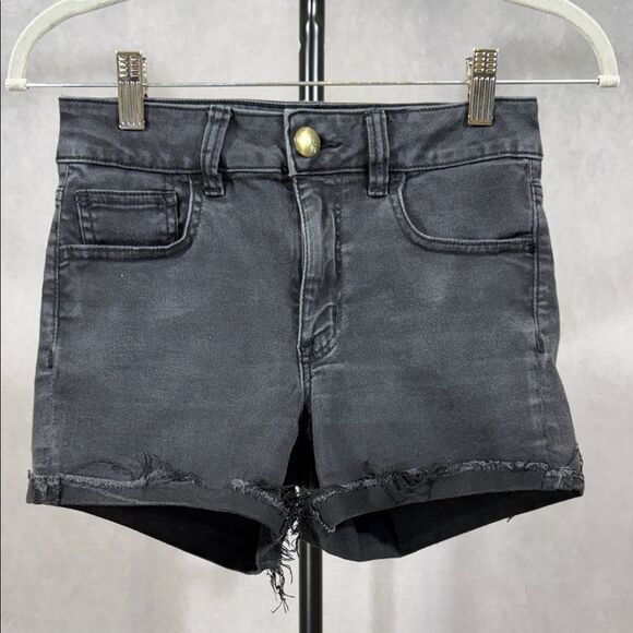 AEO Hi-Rise Shorty Black Denim Stretch Shorts - Picture 2 of 6